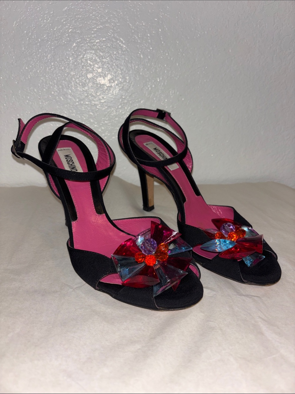 Moschino Black Strappy Heels w Colorful Crystal Flowers Size 6